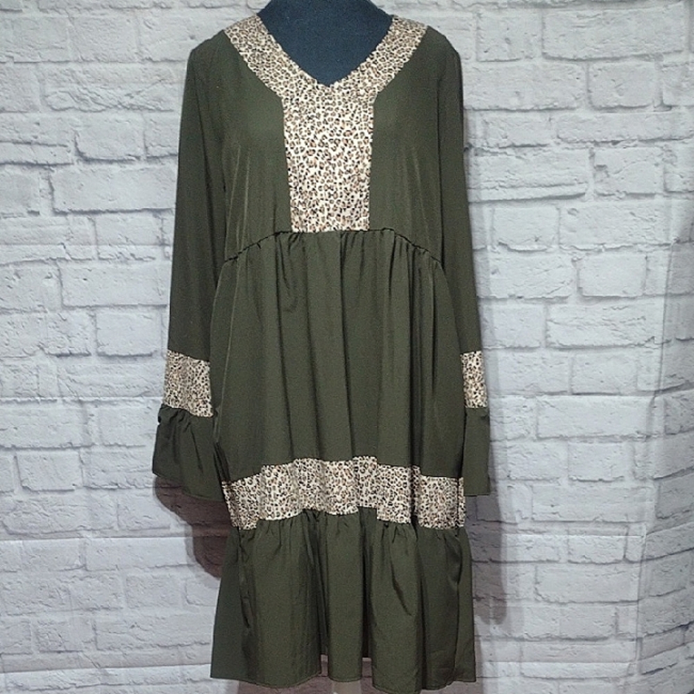 Haptics Olive Green Leopard Print Ruffle Dress,(S) NWT